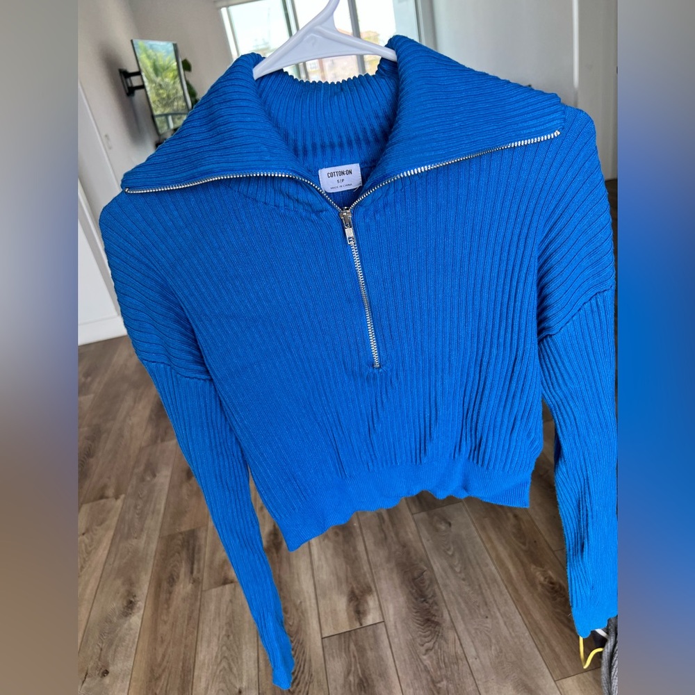 Cotton on Women's Crop Rib Zip Collar Sweater Animated Blue